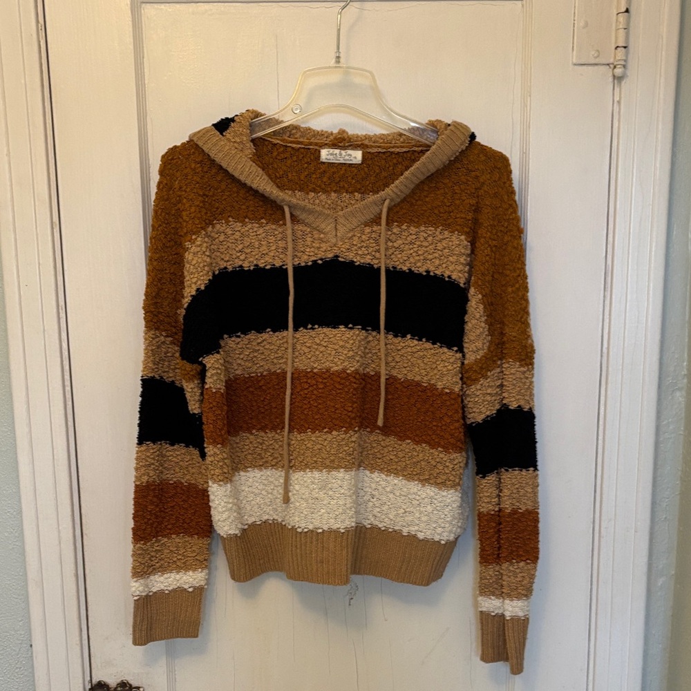 Jollie and Joy Striped V-Neck Sweater - Brown, Black, and cream